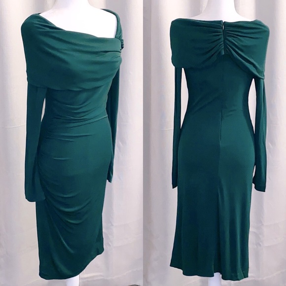 NWT BADGLEY MISCHKA Green Turn Over Formal Ruched Sheath Dress Size 6 - Picture 2 of 11